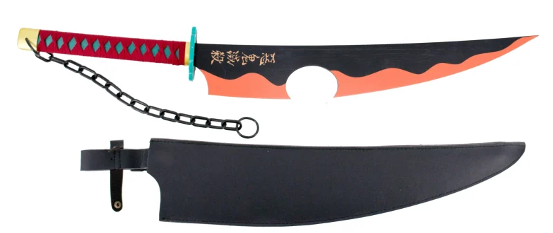 Espada gemela S5072 de Demon Slayer empuñada por Tengen Uzui mango encordado en color granate y hoja negra de bambú con corte acabado en llamas naranjas. Con funda de polipiel negra. Ref. S5072 - Imagen 2