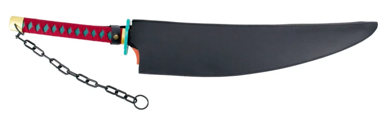 Espada gemela S5072 de Demon Slayer empuñada por Tengen Uzui mango encordado en color granate y hoja negra de bambú con corte acabado en llamas naranjas. Con funda de polipiel negra. Ref. S5072 - Imagen 3