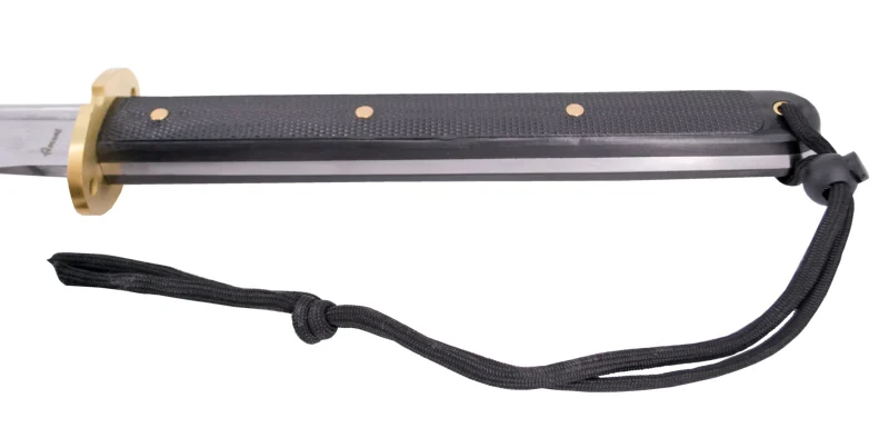 Katana Funcional S6033 de 100 cm hoja de acero al carbono 1065 con filo, con vaina negra y encordado negro, mango de plástico texturizado, con caja de madera forrada y soporte de presentación. Ref. S6033