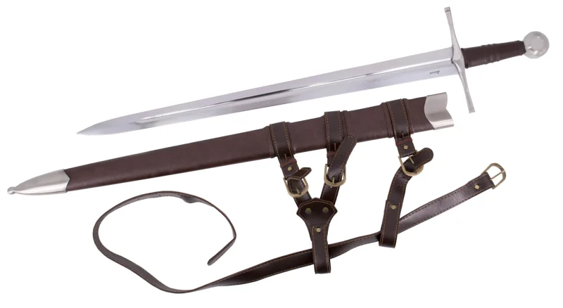 Espada funcional S6034 con un tamaño total de 99 cm con funda y 88 cm sin funda, hoja de acero al carbono 1065, mango de piel y funda terminada en polipiel con cinturón para poder usarla. Ref. S6034