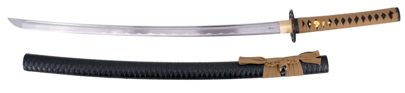 Katana Funcional S6038 de 104 cm hoja de acero al carbono 1045, vaina de madera forrada con polipiel negra imitando piel de cocodrilo, mango encordado marrón. Con soporte. Ref. S6038 - Imagen 2