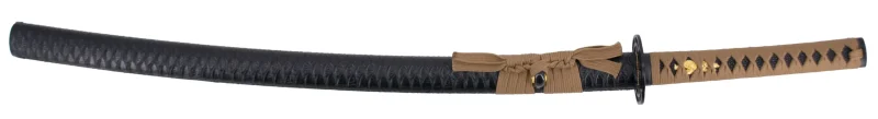 Katana Funcional S6038 de 104 cm hoja de acero al carbono 1045, vaina de madera forrada con polipiel negra imitando piel de cocodrilo, mango encordado marrón. Con soporte. Ref. S6038 - Imagen 3