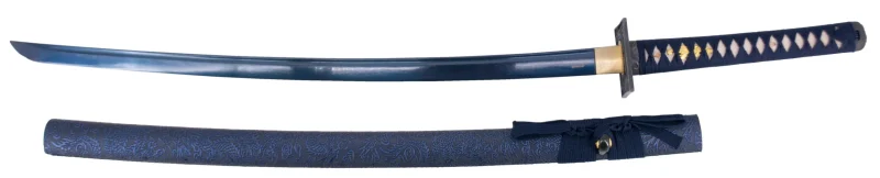 Katana Funcional S6039 de 104 cm hoja de acero de damasco azul, vaina de madera forrada con tela decorada azul, mango encordado azul con piel de raya auténtica. Con soporte. Ref. S6039 - Imagen 5