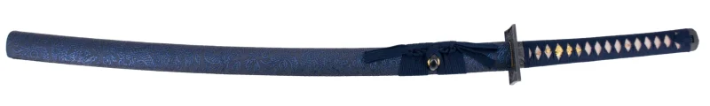 Katana Funcional S6039 de 104 cm hoja de acero de damasco azul, vaina de madera forrada con tela decorada azul, mango encordado azul con piel de raya auténtica. Con soporte. Ref. S6039 - Imagen 3