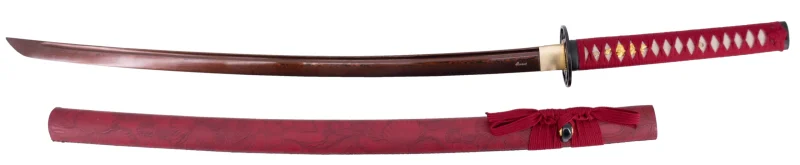 Katana Funcional S6040 de 104 cm hoja de acero de damasco rojo, vaina de madera forrada de polipiel roja con detalles de flores de lotus, mango encordado rojo con piel de raya auténtica. Con soporte. Ref. S6040 - Imagen 4