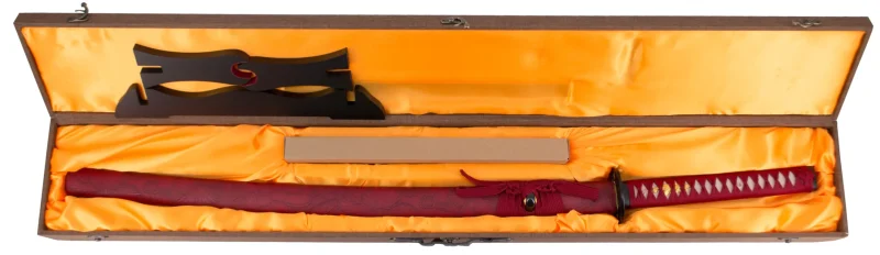 Katana Funcional S6040 de 104 cm hoja de acero de damasco rojo, vaina de madera forrada de polipiel roja con detalles de flores de lotus, mango encordado rojo con piel de raya auténtica. Con soporte. Ref. S6040 - Imagen 6