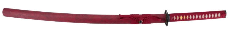 Katana Funcional S6040 de 104 cm hoja de acero de damasco rojo, vaina de madera forrada de polipiel roja con detalles de flores de lotus, mango encordado rojo con piel de raya auténtica. Con soporte. Ref. S6040 - Imagen 2