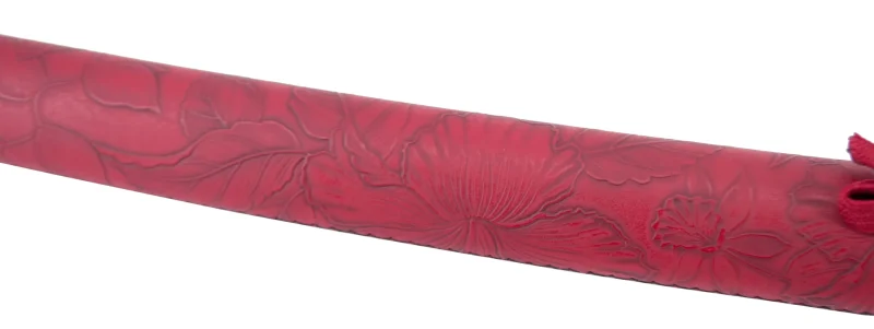 Katana Funcional S6040 de 104 cm hoja de acero de damasco rojo, vaina de madera forrada de polipiel roja con detalles de flores de lotus, mango encordado rojo con piel de raya auténtica. Con soporte. Ref. S6040 - Imagen 5