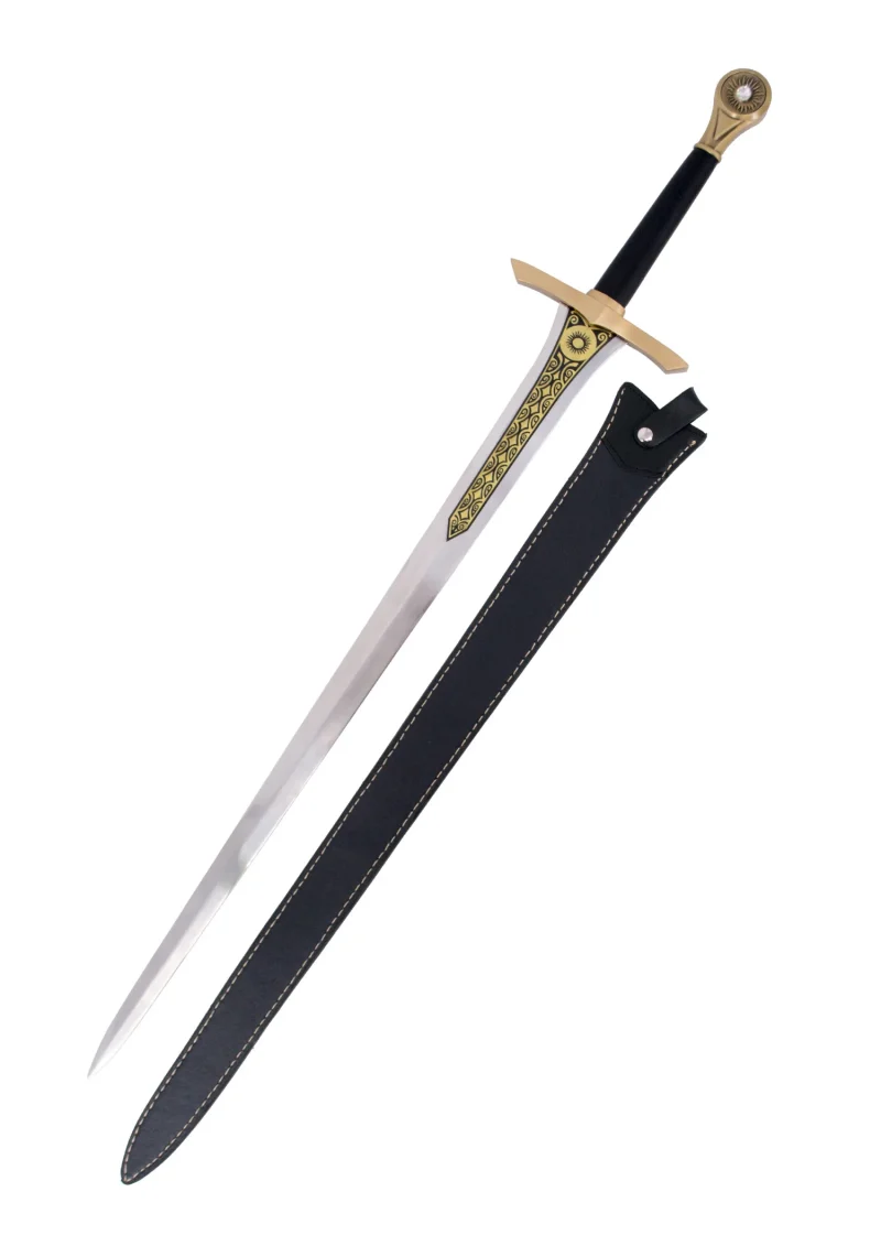 Espada S6031 de Elendil de los Anillos del Poder réplica no oficial, el mango acabado en dorado pulido, el pomo con un sol y una perla en el centro. El tamaño total es de 105,5 cm la hoja de acero pulido tiene una grabación en dorado y negro, incluye vaina de polipiel en negro. Ref. S6031 - Imagen 6