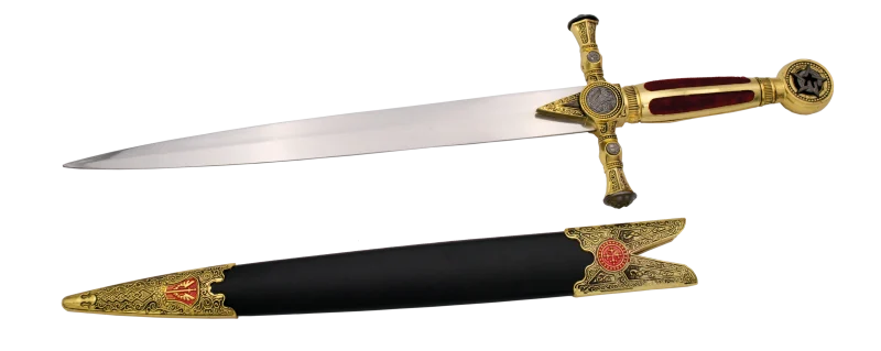 Daga S0189 Masónica replica no oficial,el pomo y la guarda son de color dorado con detalles en niquel y la empuñadura en color dorado con una franja en medio de polipiel en color rojo. El tamaño total es de 55.5cm de hoja de acero. La vaina es de color negro con acabados en dorado y detalles en rojo. Ref. S0189 - Imagen 2