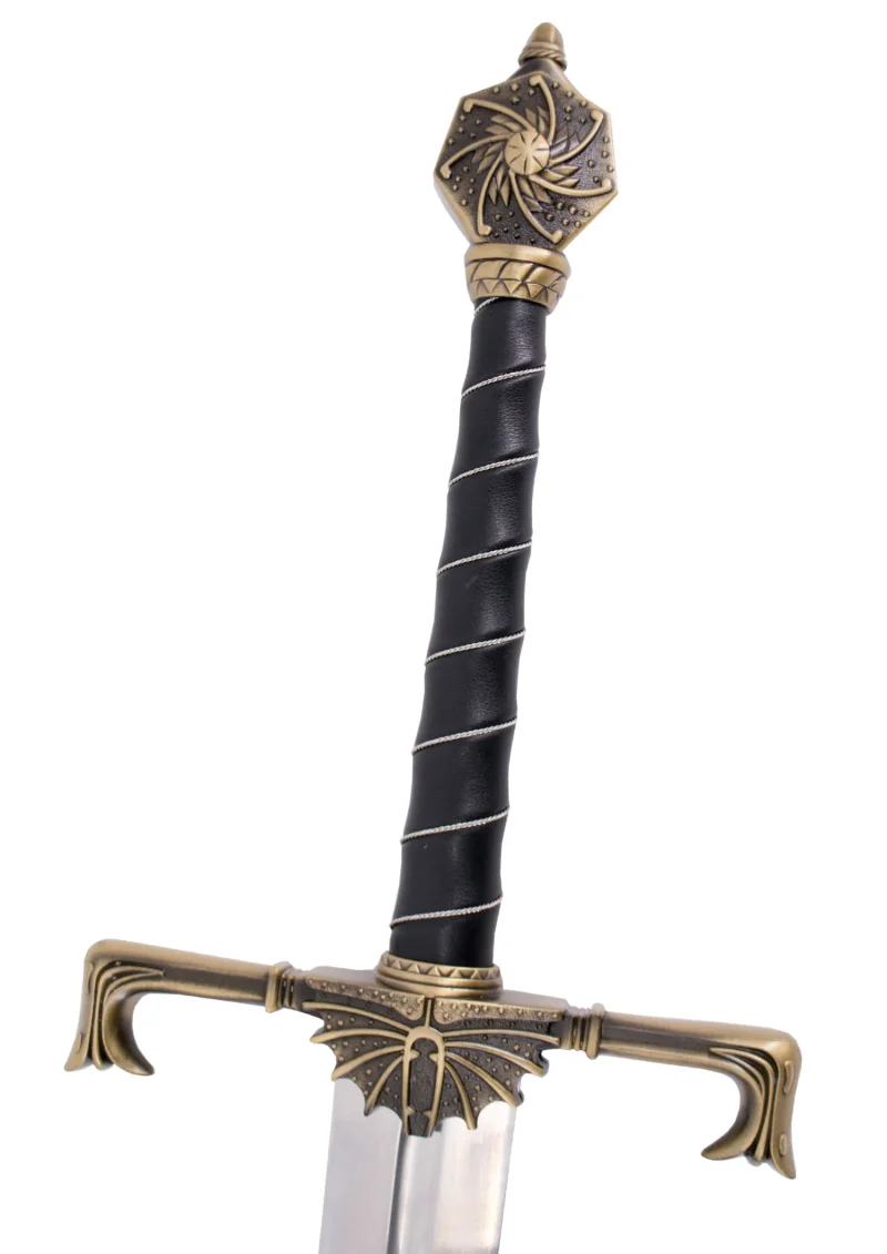 Espada S6032 de Viserys Targaryen de Juego de Tronos réplica no oficial, el mango acabado en bronce con el mango en polipiel con decoración. El tamaño total es de 102 cm, la hoja de acero pulido, incluye vaina de polipiel en negro. Ref. S6032