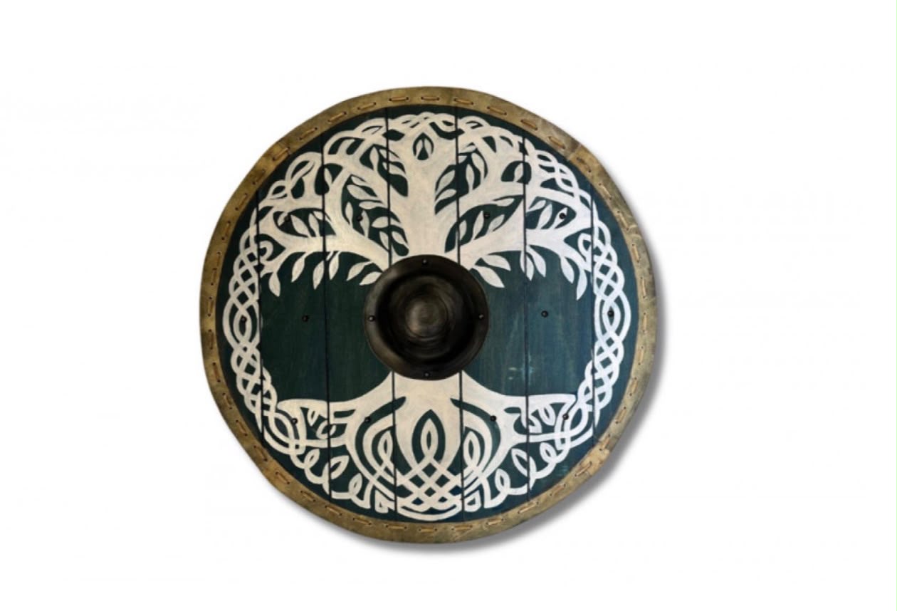Escudo vikingo Yggdrasil de madera con umbo y borde en cuero